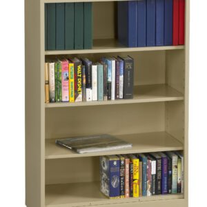 A beige metal bookshelf with three shelves, filled with various books and binders. The top shelf contains green and blue binders, the middle shelf has books of different sizes, and the bottom shelf has a mix of colorful books and a closed book lying flat.