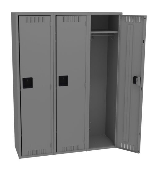 gypyb7ysdl7wvj3rv1q2.jpg Gray metal locker with three compartments. The middle locker door is open, revealing a clothing rod and empty space inside. The other two doors are closed.