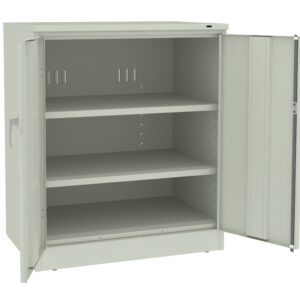 A gray metal storage cabinet with two open doors, revealing three shelves inside. The shelves are adjustable, and the cabinet has a plain design suitable for office or industrial use.