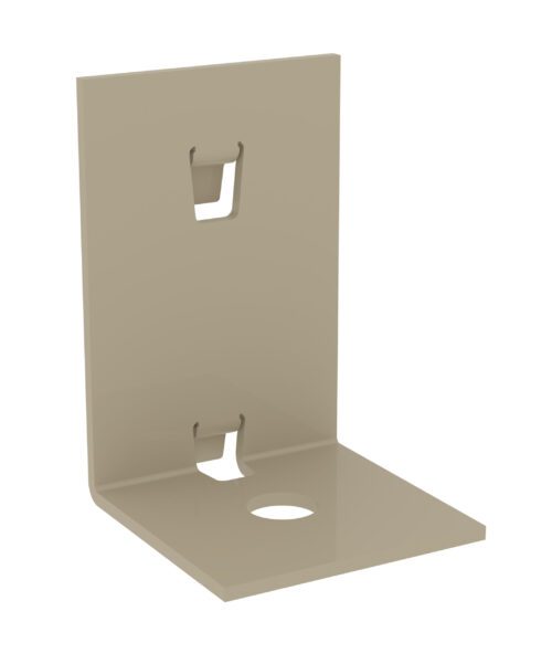 A beige metal bracket with an L-shape, featuring two slots on the vertical side and a circular hole on the horizontal side for mounting purposes. The bracket is displayed against a plain white background.
