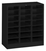 A black shelving unit with three columns and four rows of open shelves, designed for organizing items. The shelves are evenly spaced and the unit has a rectangular shape.