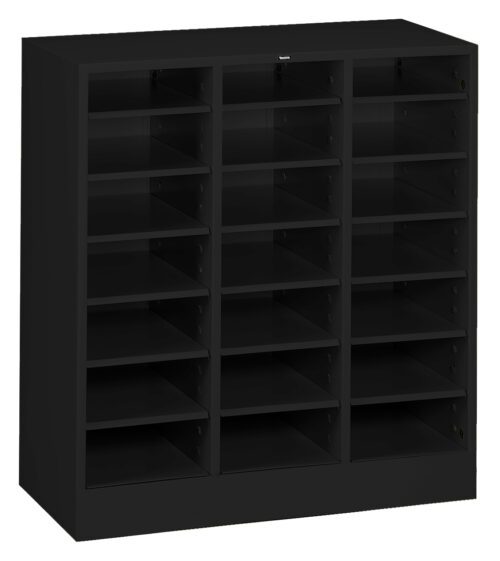 A black shelving unit with three columns and four rows of open shelves, designed for organizing items. The shelves are evenly spaced and the unit has a rectangular shape.