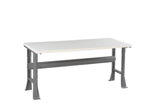 A sturdy workbench with a plain white tabletop and metal legs. The frame is gray, featuring reinforced joints and a support beam underneath for stability. The design is simple and industrial, suitable for workspaces or garages.