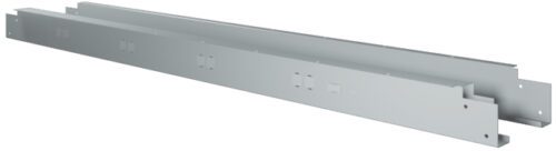 Two long, rectangular metal brackets with holes and notches, aligned parallel. The brackets are light gray and have a minimalist design. They appear to be structural components, possibly for shelving or support.