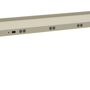 A long, beige metal shelf with multiple round cutouts for cables. It has flanges on either side for mounting to a wall or other surface.