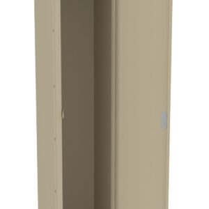 Tall beige locker with a single open door, revealing an empty interior. Inside, theres a top shelf, a hanging rod, and a hook on the sidewall. The locker is free-standing with a simple, rectangular design.