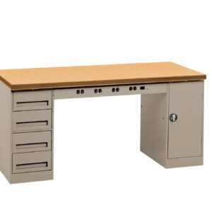 Industrial workbench with a wooden top and light gray metal frame. It has four drawers on the left side and a cabinet with a locking door on the right. Multiple electrical outlets are mounted under the tabletop.