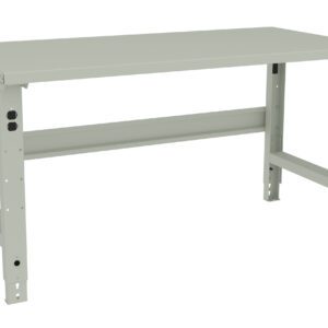 A gray metal workbench with an adjustable-height frame and a flat rectangular top. The design is simple and sturdy, suitable for industrial or workshop use.