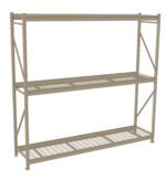 A large, metal shelving unit with three wire grid shelves. The frame is beige, with open sides and a rectangular design suitable for storage. The unit stands on a flat surface against a white background.
