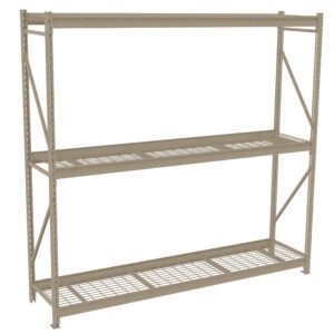 A large, metal shelving unit with three wire grid shelves. The frame is beige, with open sides and a rectangular design suitable for storage. The unit stands on a flat surface against a white background.