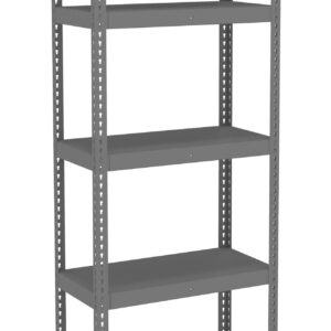 A gray metal shelving unit with five empty shelves. The unit stands on a flat surface, featuring perforated supports at each corner for adjustable shelving. The design is simple and utilitarian, suitable for storage or organizational purposes.