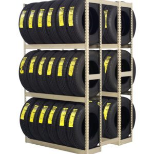 A shelf showcases rows of stacked tires, each boasting a bright yellow label. These tires are arranged neatly on a metal rack with three levels, maximizing storage efficiency and creating a grid of identical black tires with visible treads.
