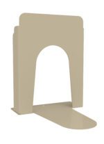 A beige, minimalist magazine holder made of metal with a curved arch design, featuring a narrow base for stability.