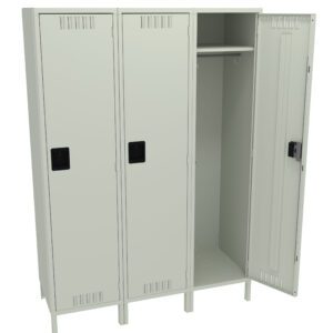 A metal locker unit with three vertical compartments, all in light gray. Two compartments have closed doors, while the third door is open, revealing an empty interior with a shelf and a rod for hanging items.
