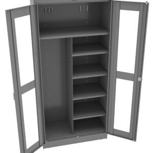 A metal storage cabinet with open double doors, featuring multiple shelves on the right side and spacious compartments on the left. The cabinet is gray and designed for organizing office or industrial supplies.