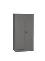Gray metal cabinet with two doors and a round black handle at the center, standing against a plain white background.