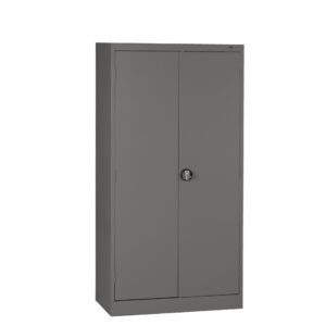 Gray metal cabinet with two doors and a round black handle at the center, standing against a plain white background.