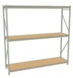A metal shelving unit with three wooden shelves. The frame is gray, with supportive beams on the sides and back. The shelves are evenly spaced and appear sturdy, suitable for storage in a garage or warehouse.