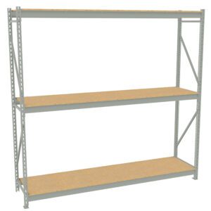 A metal shelving unit with three wooden shelves. The frame is gray, with supportive beams on the sides and back. The shelves are evenly spaced and appear sturdy, suitable for storage in a garage or warehouse.