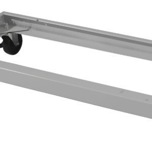 A rectangular gray metal dolly with four black swivel caster wheels. The dolly has a small red label on one side.