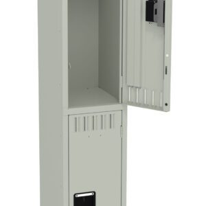 A tall, light gray metal locker with two separate compartments. The top compartment is open, revealing an empty interior, while the bottom compartment is closed. Each compartment has a black handle.