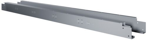 Two long, silver metallic beams placed parallel to each other. The beams have multiple square cutouts along their length and are positioned on a plain white background. Their design suggests theyre components for building or assembly.