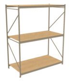 A three-tiered metal storage rack with wooden shelves, supported by vertical beams and diagonal braces on the sides and back. The shelves are evenly spaced and the frame is light gray.