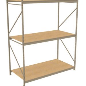 A three-tiered metal storage rack with wooden shelves, supported by vertical beams and diagonal braces on the sides and back. The shelves are evenly spaced and the frame is light gray.