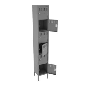 A tall, gray metal locker with four compartments is shown. The locker has two doors open, revealing empty compartments with ventilation slits and latch mechanisms. The locker is on four legs and is isolated on a white background.