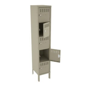 A tall, beige metal locker with four compartments, three of which are open, revealing empty interiors. The locker stands on four legs and has ventilation slots on each door.