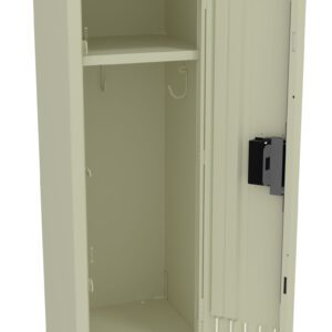 Beige metal cabinet with one open door, revealing a single interior shelf and empty inside. The door has vertical slits and a latch, and the cabinet stands on four short legs.
