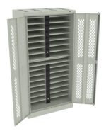 A metal storage cabinet with open doors, featuring multiple shelves designed for storing laptops or tablets. The cabinet has ventilation holes on the doors and an integrated power strip inside for charging devices.