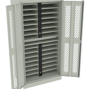 A metal storage cabinet with open doors, featuring multiple shelves designed for storing laptops or tablets. The cabinet has ventilation holes on the doors and an integrated power strip inside for charging devices.