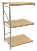 Three-tier beige metal shelving unit with adjustable shelves, viewed at an angle. The shelves are spacious and empty, suitable for storage or organization in various settings.