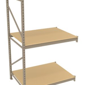 Three-tier beige metal shelving unit with adjustable shelves, viewed at an angle. The shelves are spacious and empty, suitable for storage or organization in various settings.