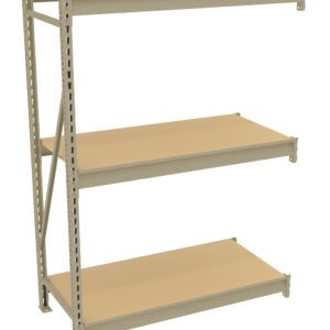 A beige three-tier metal shelving unit with adjustable shelves. The shelves are made of wood and supported by a metal frame with diagonal braces for stability. The unit is empty and set against a plain white background.