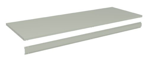 Grey metal shelf with a long bracket beneath it, viewed from an angle on a white background.