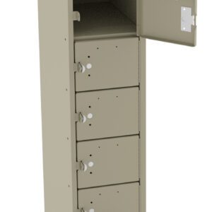 A tall, beige locker with multiple compartments, each featuring a keyhole. Two compartments are open, revealing the interior space. The locker has a slanted top and is designed for secure storage.