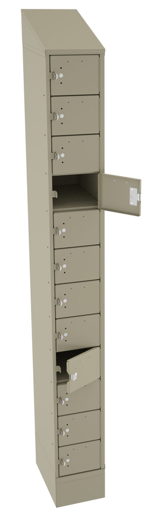 A tall, beige locker with multiple compartments, each featuring a keyhole. Two compartments are open, revealing the interior space. The locker has a slanted top and is designed for secure storage.