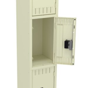 A beige metal locker with three compartments, each featuring a black rectangular label holder. The middle door is open, revealing an empty interior. The locker stands on four legs.