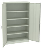 Open metal storage cabinet with five adjustable shelves and double doors. The cabinet is light gray and has a simple, industrial design.