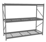 A metal storage rack with three wire mesh shelves, designed for heavy-duty use. The frame is made of steel with a grey finish, providing a sturdy structure for organizing items in a warehouse or garage setting.