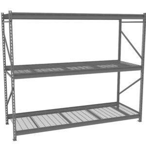 A metal storage rack with three wire mesh shelves, designed for heavy-duty use. The frame is made of steel with a grey finish, providing a sturdy structure for organizing items in a warehouse or garage setting.