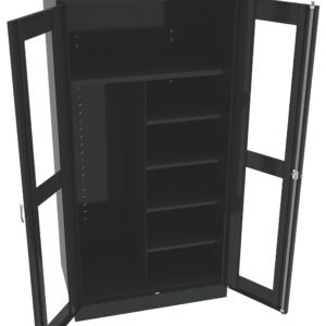 A black metal storage cabinet with two glass doors open, revealing multiple shelves on the right and a hanging space or larger compartment on the left. The cabinets sleek design is modern and functional.
