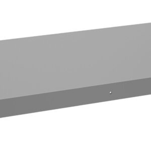 A flat, rectangular gray metal shelf viewed from an angle, showing its length and thin profile. It has a smooth surface and slightly raised edges on the sides.