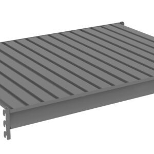 A gray, rectangular metal platform with evenly spaced horizontal slats. It has interlocking connectors on the sides and corners, suggesting modular assembly. The platform is elevated on short supports at each corner.