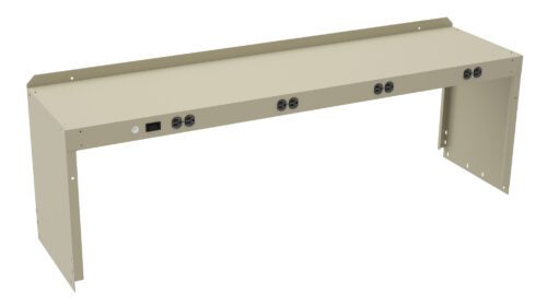 A beige metal rack mount with power outlets and ports, designed to be installed on a desk or workstation. It features multiple circular sockets and a rectangular panel, possibly for electronic equipment connections.
