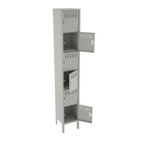 A tall, light gray metal locker with four compartments, three of which are open. The locker is vented and stands on four legs, suitable for storing personal items.