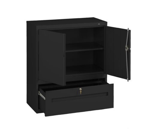 Black metal cabinet with two open doors revealing two shelves inside. Below, a large drawer is partially opened, showing a key in the lock. The design is simple and functional.