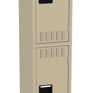 A beige metal locker with two compartments, each featuring a black rectangular handle. The locker is standing on four legs, with ventilation slots on the doors and a plain background.